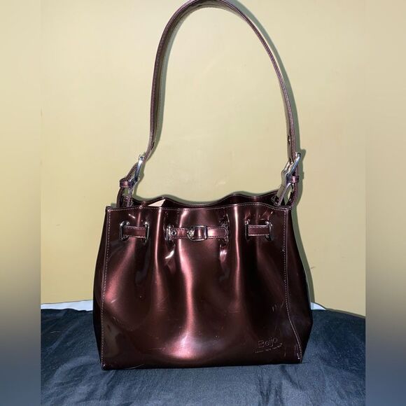 BEIJO LUXO SHOULDER BUCKET BAG DRAWSTRING PURSE PATENT LEATHER BROWN 10 X 12 - Picture 1 of 4